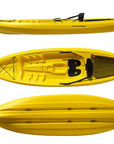 Yellow Cambridge Kayaks Pilgrim I single sit on top kayak side profile, stable and durable kids and adults kayak for rivers, lakes, and coastal use.