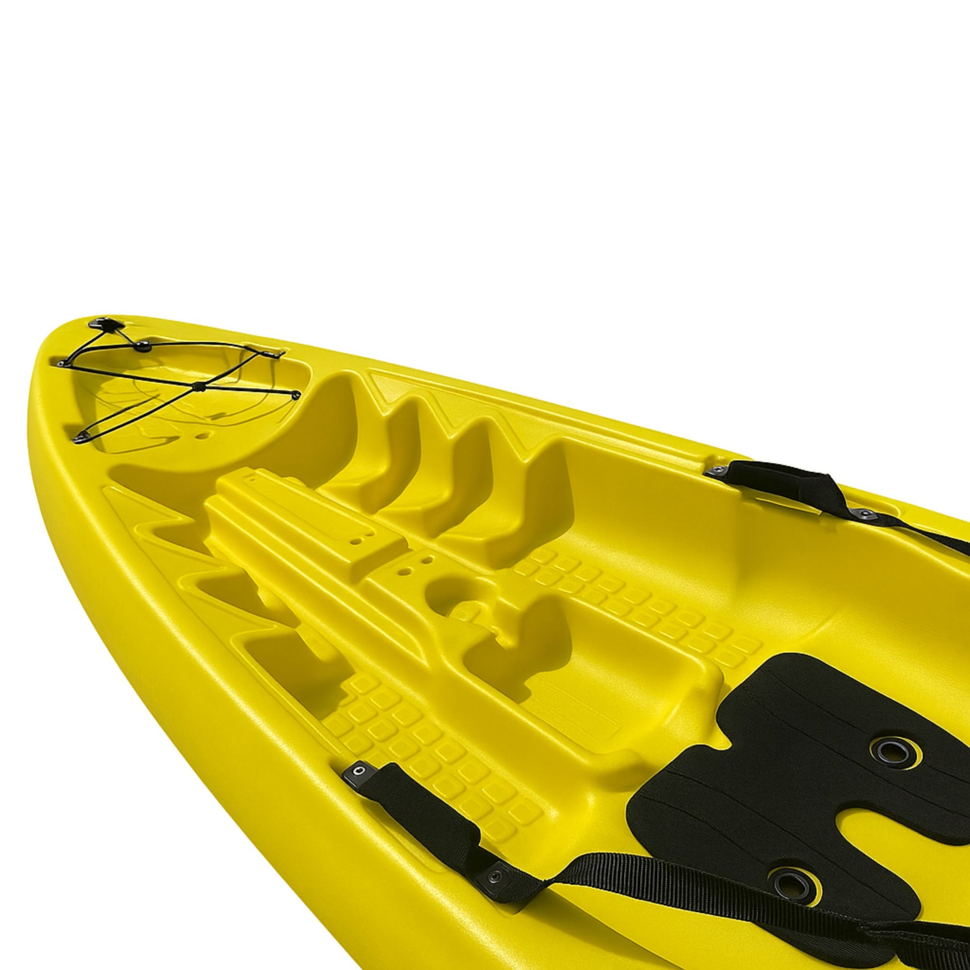 Top view of yellow Cambridge Kayaks Pilgrim I sit on top kayak, ergonomic seating, molded footrests, and slimline shape for easy paddling and storage.