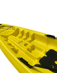 Top view of yellow Cambridge Kayaks Pilgrim I sit on top kayak, ergonomic seating, molded footrests, and slimline shape for easy paddling and storage.