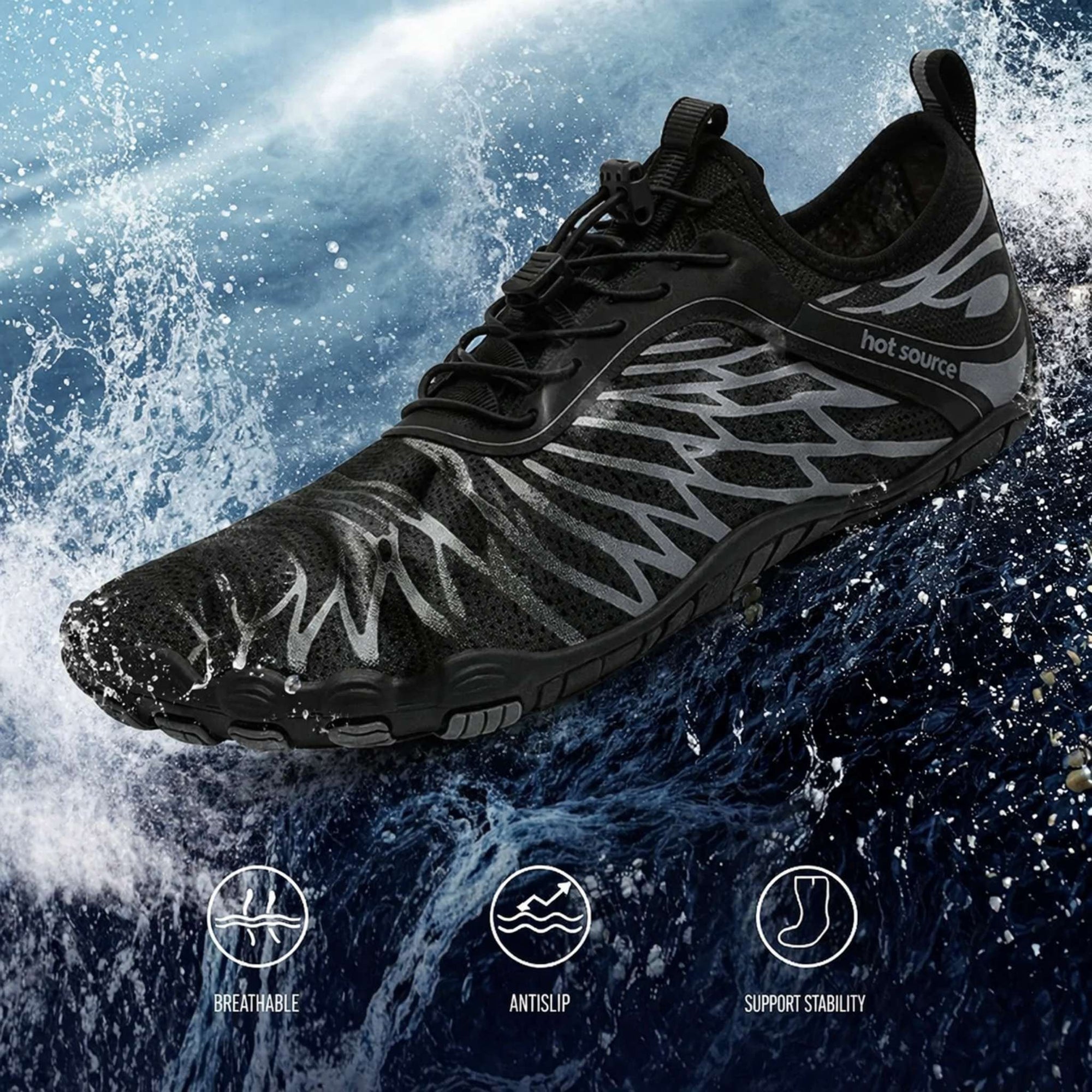 Quick dry water shoes in action with splash effect showing breathable, anti slip and stable design for beach and swimming