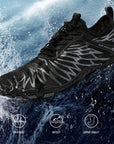 Quick dry water shoes in action with splash effect showing breathable, anti slip and stable design for beach and swimming