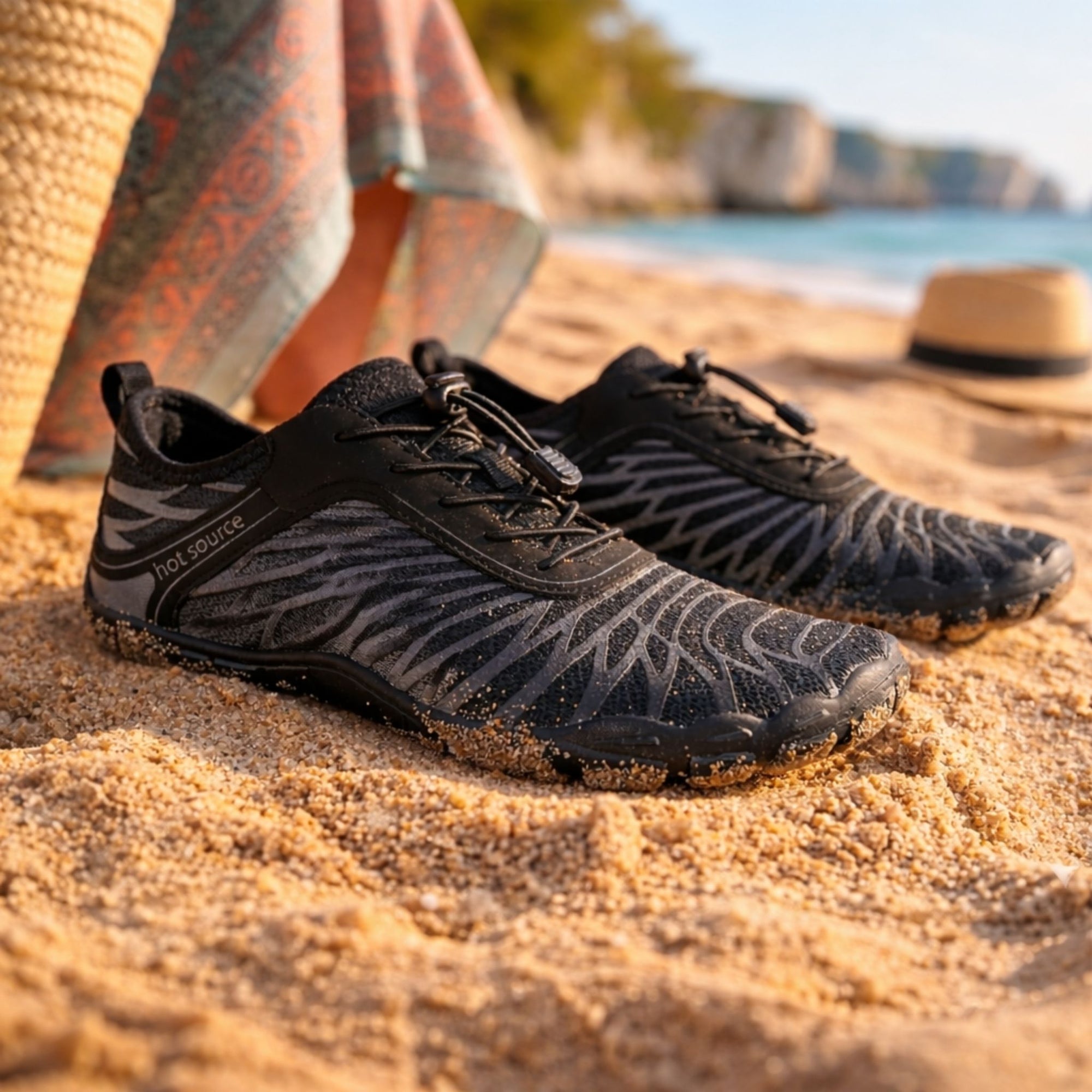 Close up of water shoes on sandy beach showing quick dry material and flexible design for beach and water sports