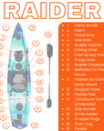Cambridge Kayaks Raider pedal drive fishing kayak labelled diagram showing pedal system, rod holders, rudder control, and upgraded fishing chair.