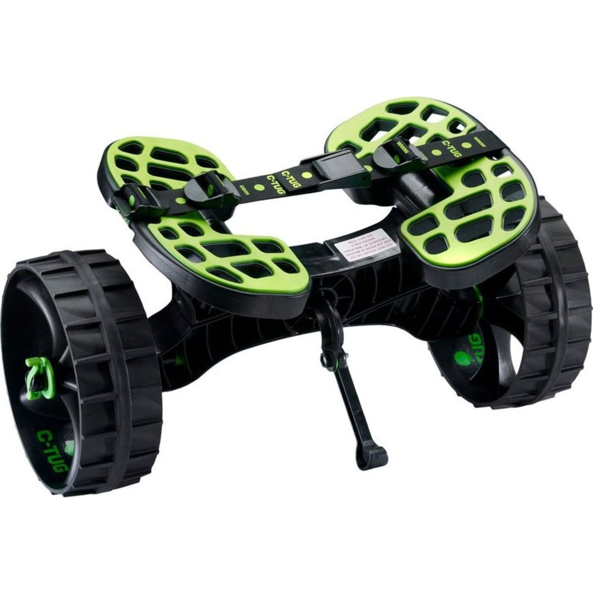 Front angled view of the Railblaza C-Tug Kayak Cart Trolley in green and black, showing the puncture-free wheels, reinforced kickstand, and adjustable platform for securely supporting kayaks or canoes.