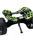 Front angled view of the Railblaza C-Tug Kayak Cart Trolley in green and black, showing the puncture-free wheels, reinforced kickstand, and adjustable platform for securely supporting kayaks or canoes.
