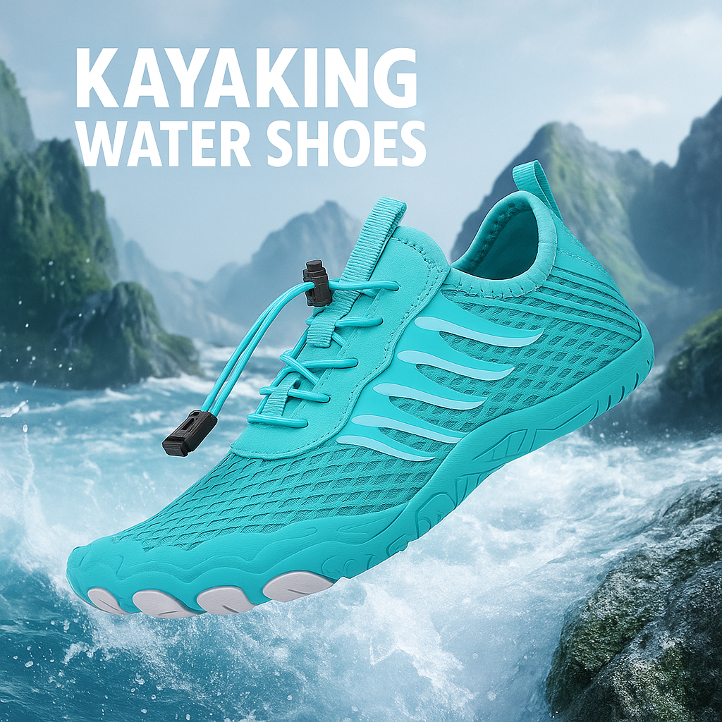 Promotional image for Rink Kayaking Water Shoes with text “KAYAKING WATER SHOES” and background of ocean waves.