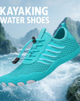 Promotional image for Rink Kayaking Water Shoes with text “KAYAKING WATER SHOES” and background of ocean waves.