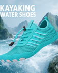 Promotional image for Rink Kayaking Water Shoes with text “KAYAKING WATER SHOES” and background of ocean waves.