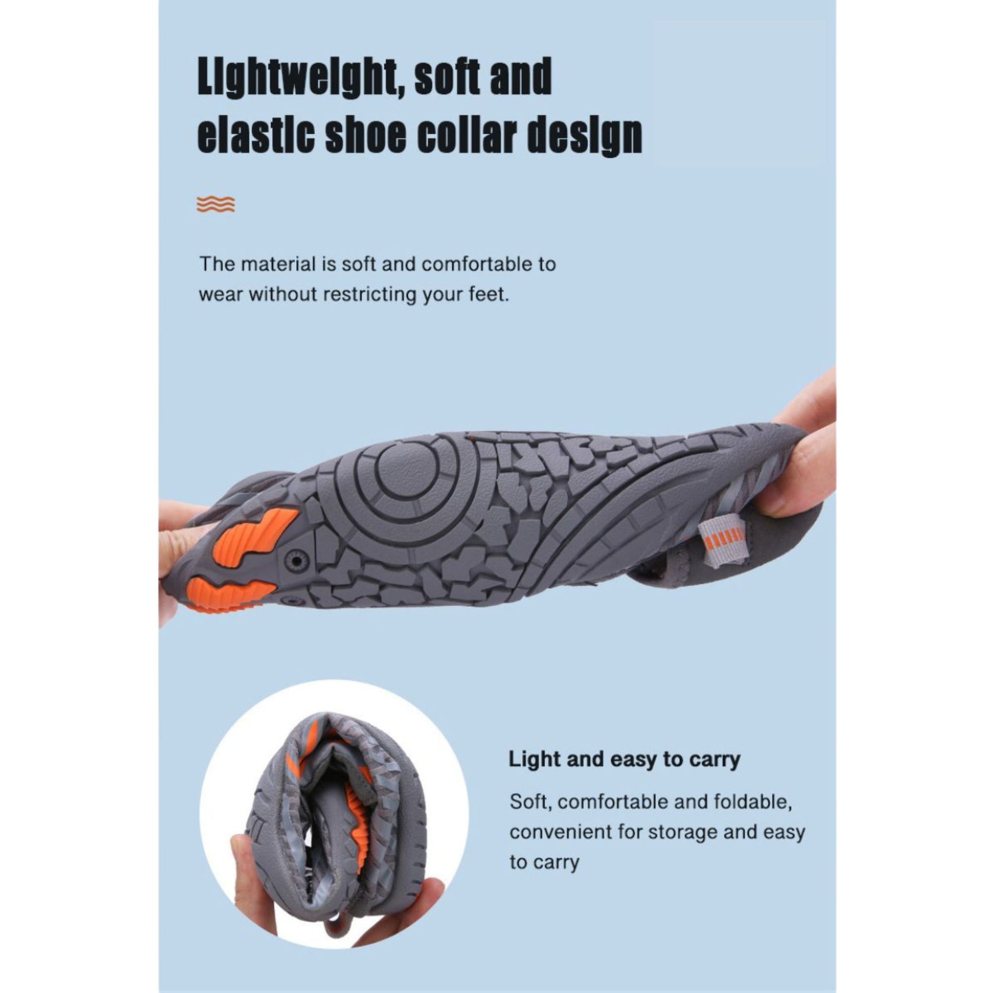 Product feature card showing material, flexibility, and sizing information for Rink kayaking water shoes.