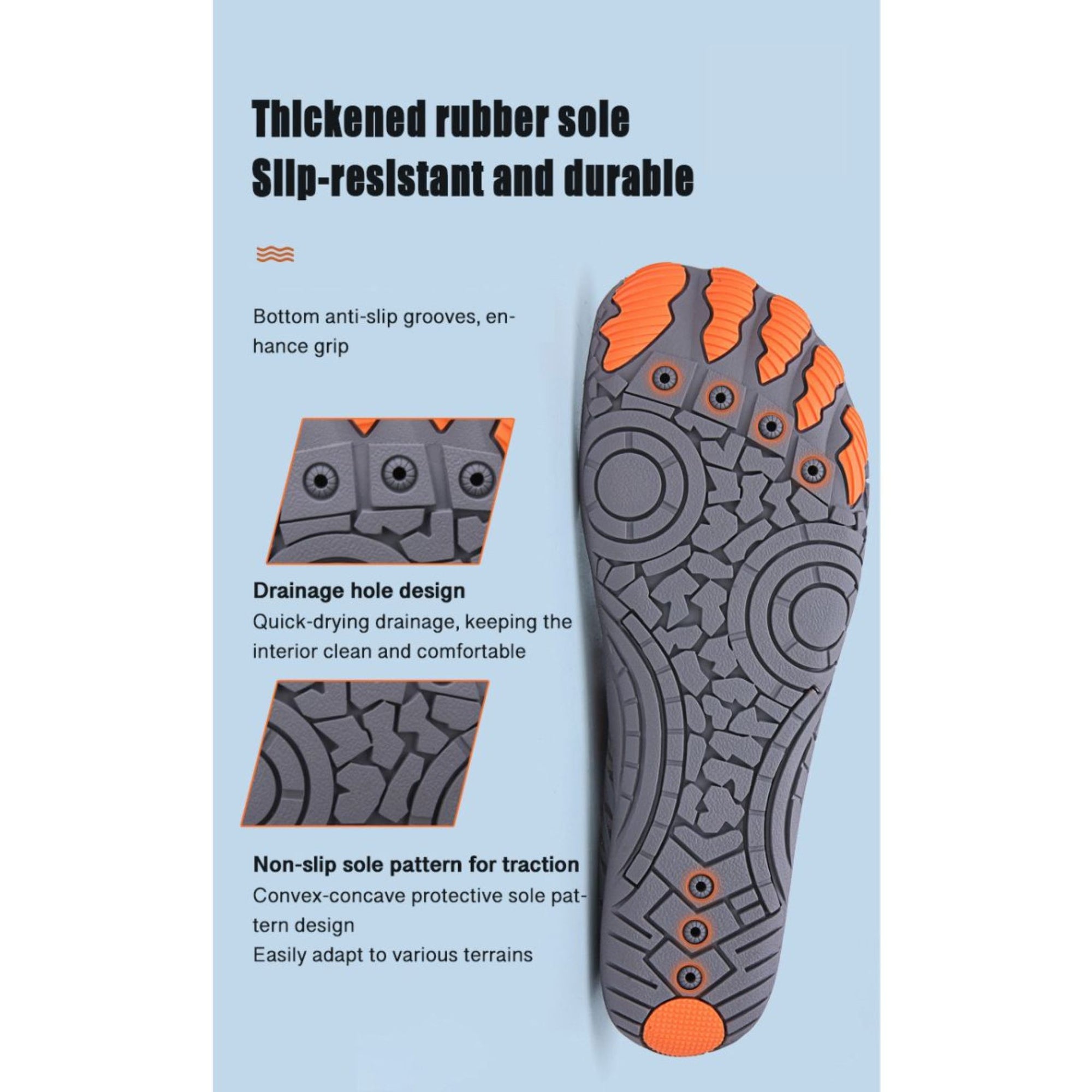 Close-up graphic of Rink kayaking water shoe sole showing anti-slip tread pattern and drainage holes.