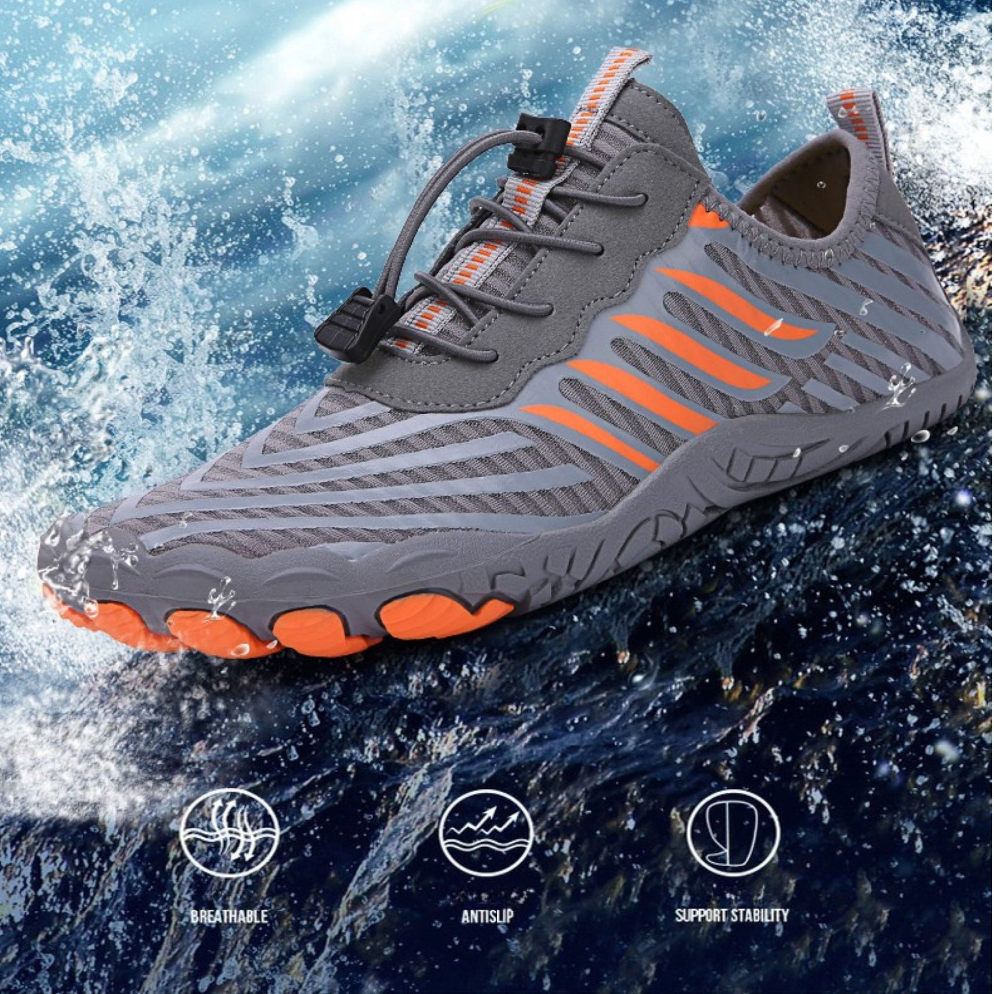 Image showing grey and turquoise Rink kayaking water shoes submerged to demonstrate waterproof and quick-dry features.