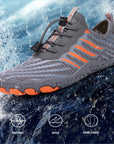 Image showing grey and turquoise Rink kayaking water shoes submerged to demonstrate waterproof and quick-dry features.