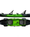 Sunfish double fishing kayak in green showing top and side profile with rod holders and storage