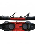 Sunfish double fishing kayak in red black camo with twin seats, storage hatches and paddle holders