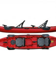 Sunfish double fishing kayak in redshowing top and side profile with rod holders and storage