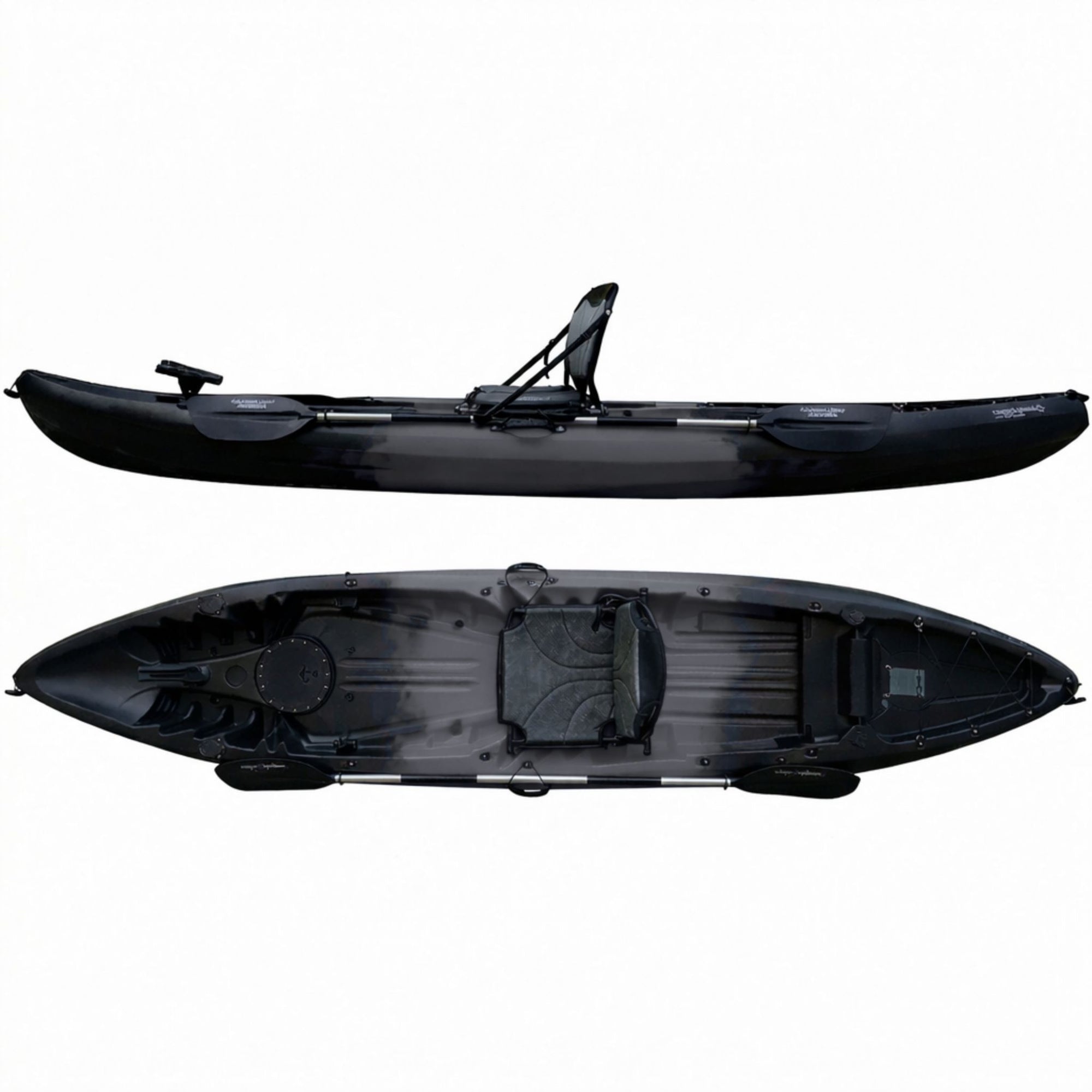 Sunfish double sit on top kayak in grey showing top and side view with twin seats and storage layout