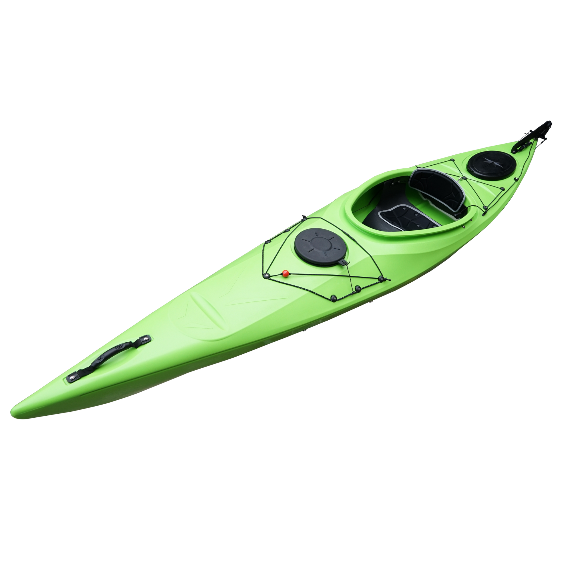 Full view of the Cambridge Kayaks touring kayak in bright green with dual storage hatches and bungee deck rigging.