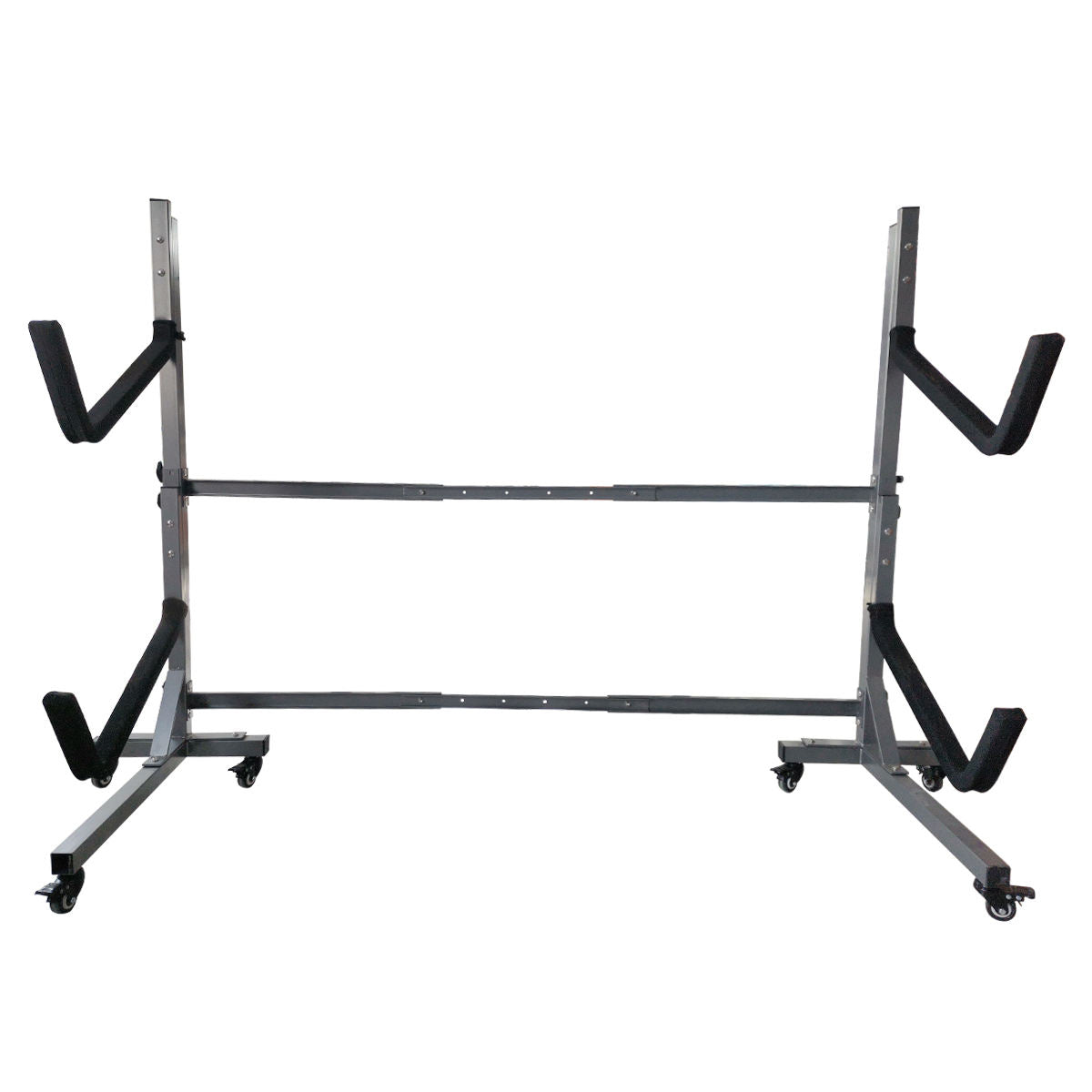 Two tier freestanding kayak storage rack with wide stabilizing base and angled foam padded support arms, durable steel construction designed to safely store and organize two kayaks in a garage, storage unit, or boat house