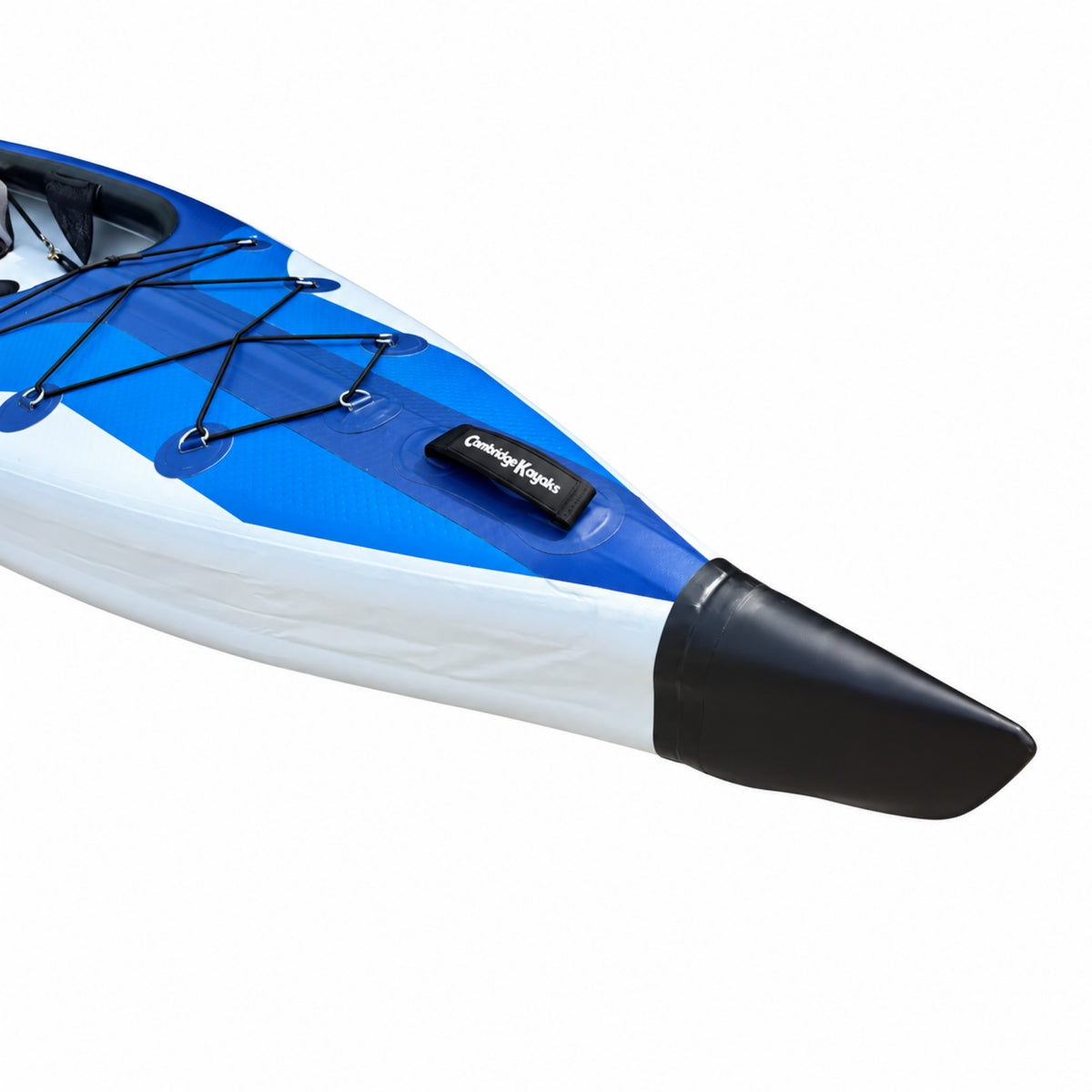 Blue Voyagair 1 inflatable kayak bow with bungee storage system and carry handle