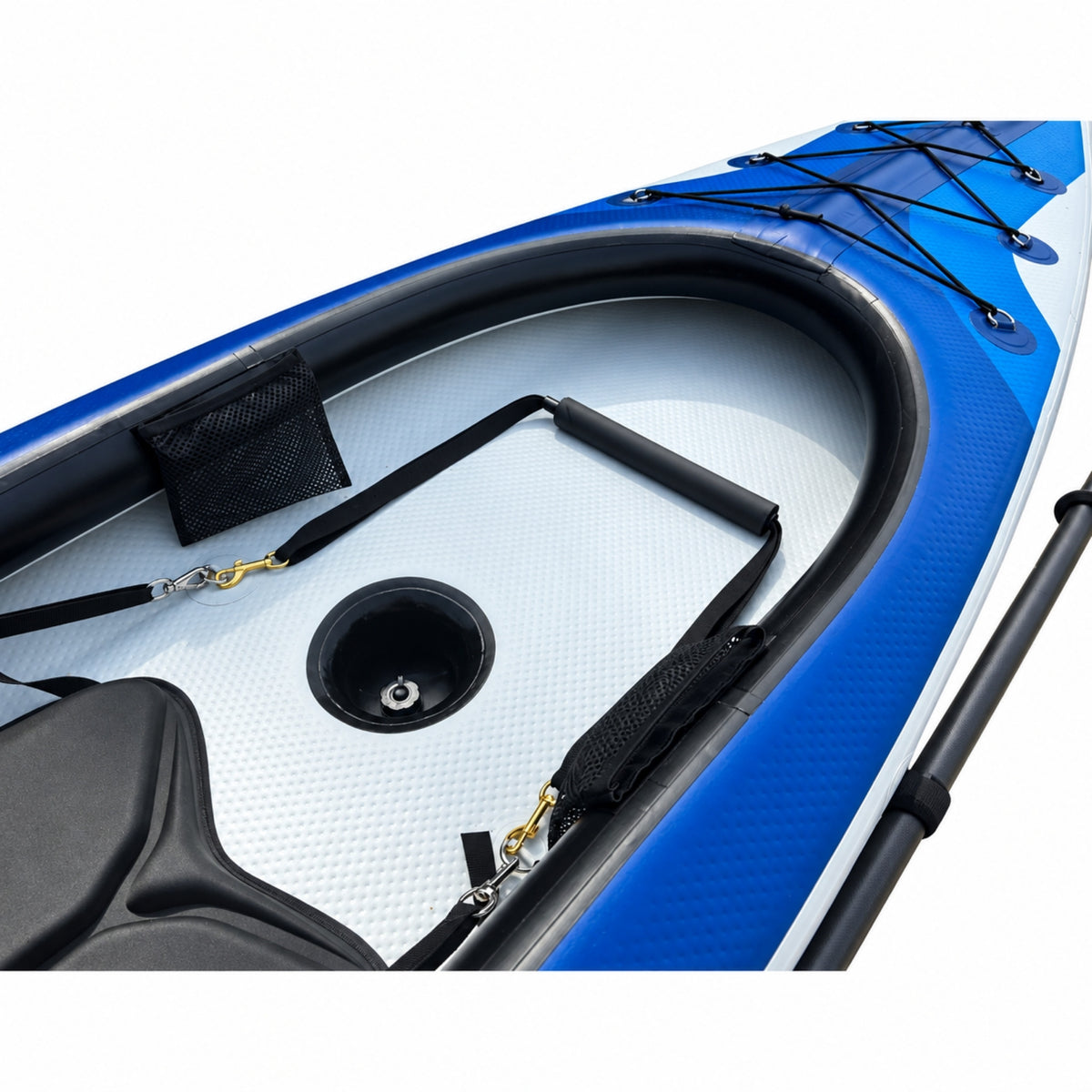 Voyagair 1 blue inflatable kayak cockpit showing footrest, storage pocket and interior