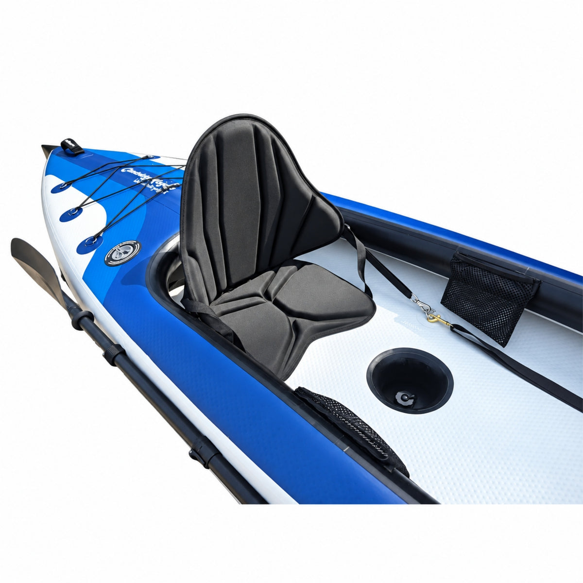 Voyagair 1 blue inflatable kayak interior with adjustable padded seat and cockpit