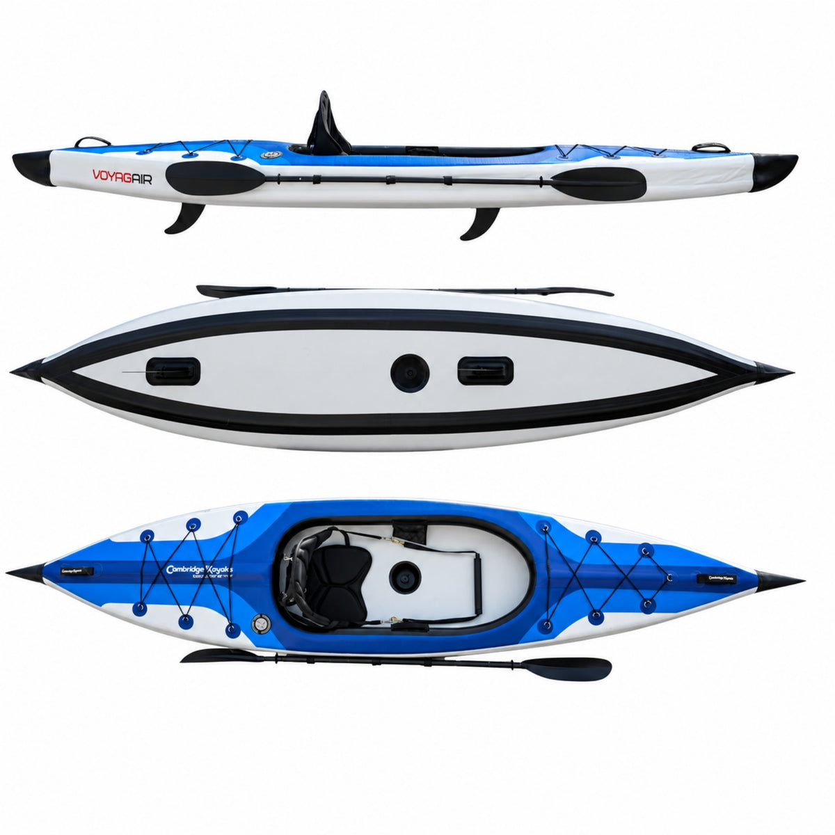 Voyagair 1 blue single inflatable kayak shown from side, underside and top views
