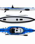 Voyagair 1 blue single inflatable kayak shown from side, underside and top views
