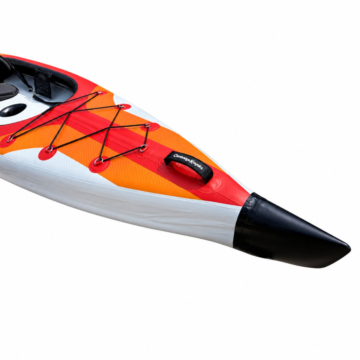 Orange Voyagair 1 inflatable kayak bow with bungee storage and carry handle