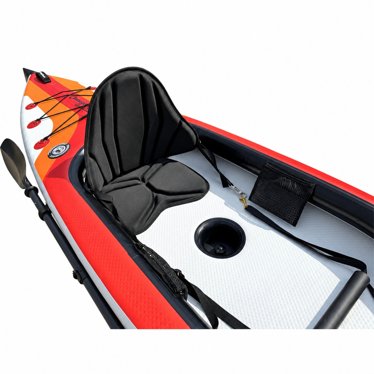 Voyagair 1 orange inflatable kayak cockpit with padded seat, footrest and storage pocket