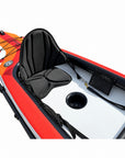 Voyagair 1 orange inflatable kayak cockpit with padded seat, footrest and storage pocket