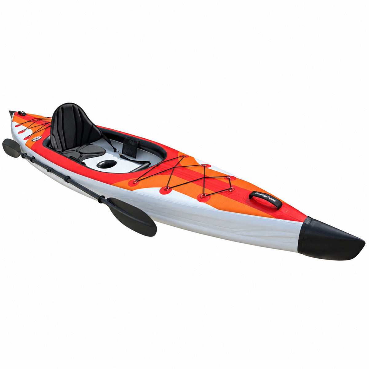 Cambridge Kayaks Voyagair 1 orange inflatable touring kayak with seat and paddle