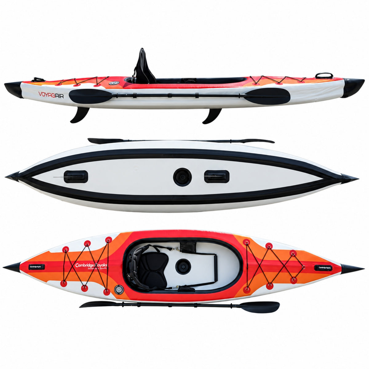 Voyagair 1 orange single inflatable kayak shown from side, underside and top views