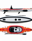 Voyagair 1 orange single inflatable kayak shown from side, underside and top views