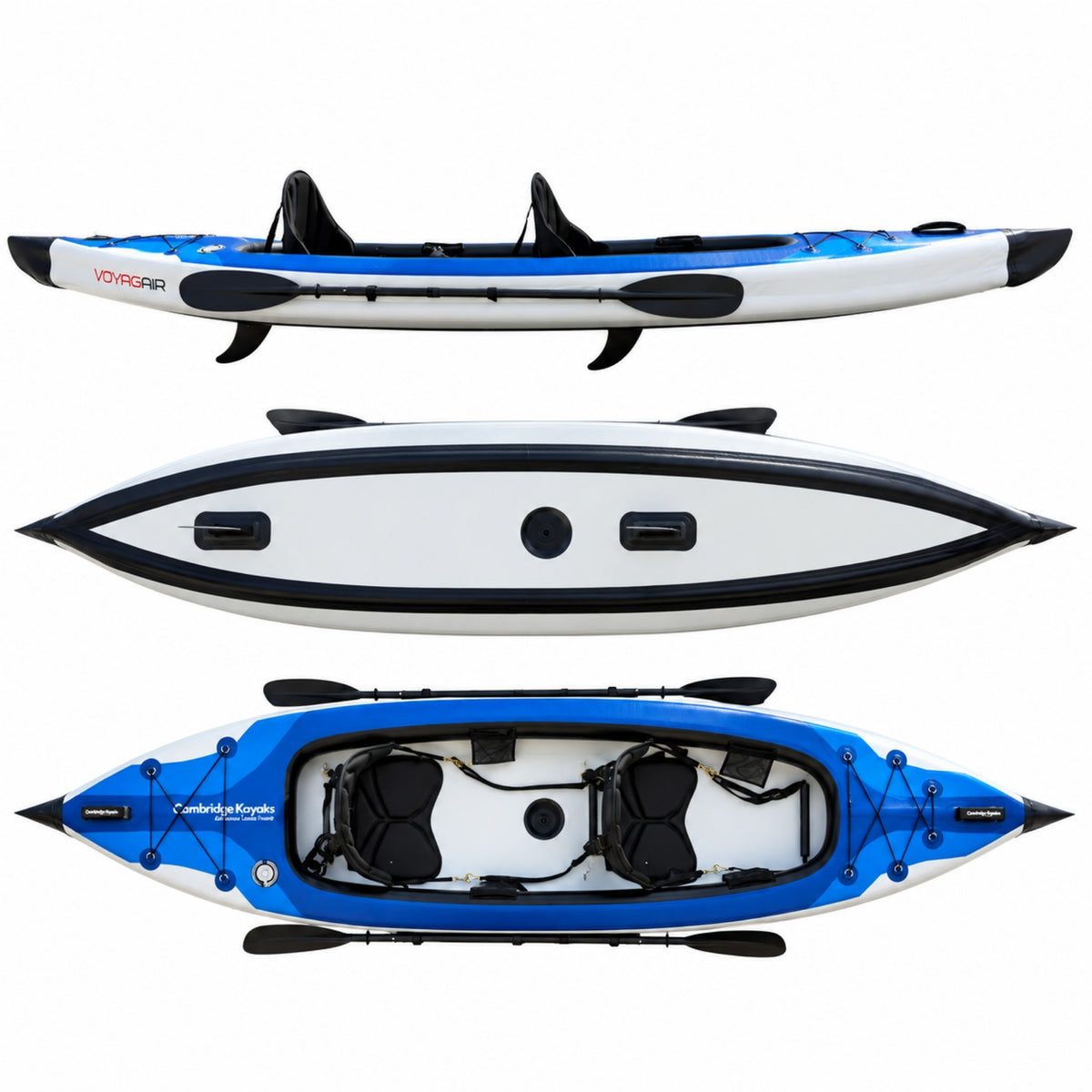 Blue VoyagAir 2 double inflatable kayak shown from side, underside and overhead views