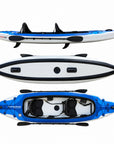 Blue VoyagAir 2 double inflatable kayak shown from side, underside and overhead views