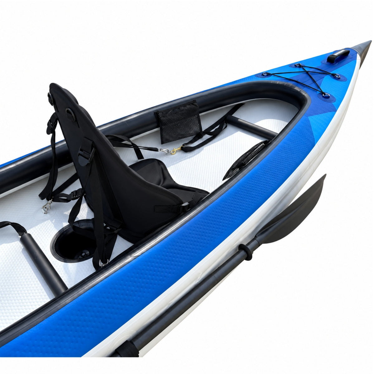 Front view of the blue VoyagAir 2 inflatable kayak showing bow storage bungee, carry handle and two seats