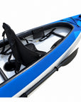 Front view of the blue VoyagAir 2 inflatable kayak showing bow storage bungee, carry handle and two seats