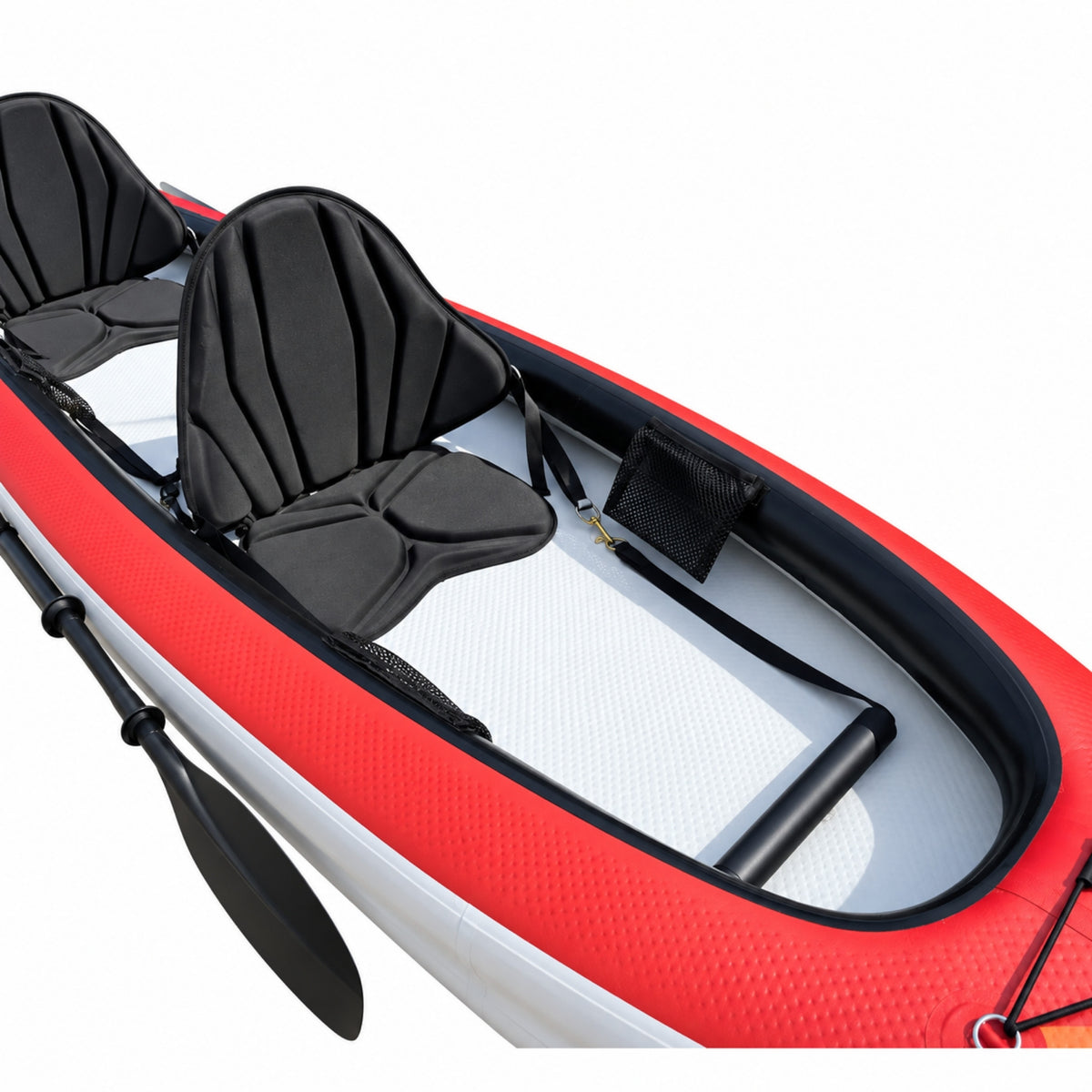 Interior of the orange VoyagAir 2 inflatable kayak showing two adjustable padded kayak seats