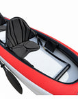Interior of the orange VoyagAir 2 inflatable kayak showing two adjustable padded kayak seats