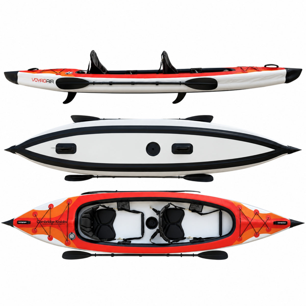 Orange VoyagAir 2 double inflatable kayak shown from side, underside and overhead views