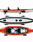 Orange VoyagAir 2 double inflatable kayak shown from side, underside and overhead views