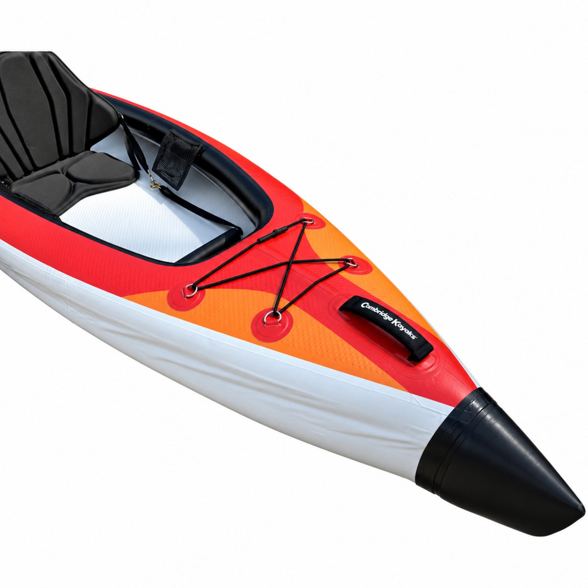 Front bow detail of the orange VoyagAir 2 double inflatable kayak with storage bungee and carry handle