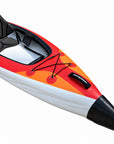 Front bow detail of the orange VoyagAir 2 double inflatable kayak with storage bungee and carry handle