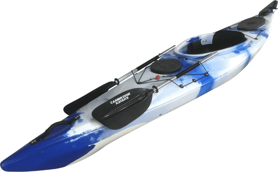 Angled view of the 350 touring manufactured by Cambridge kayaks in Blue White Camo