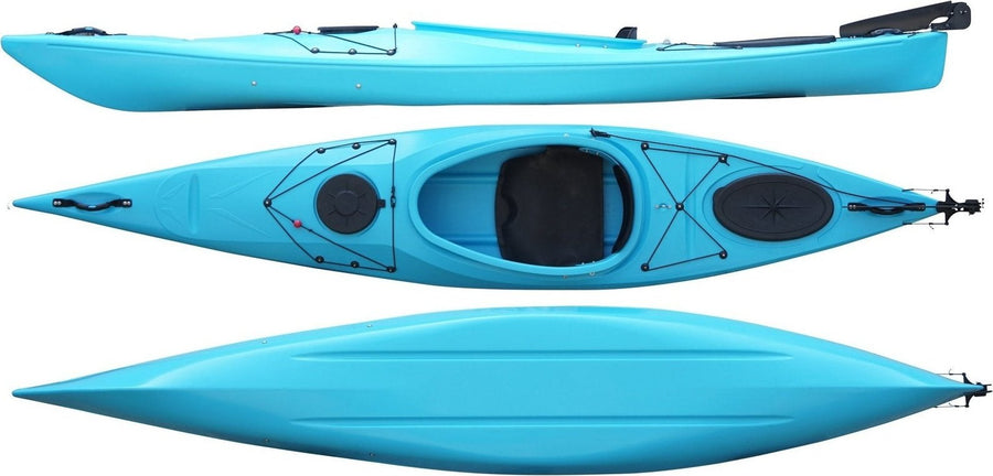 Top, side and underside view of the 350 touring manufactured by Cambridge kayaks in Light Blue