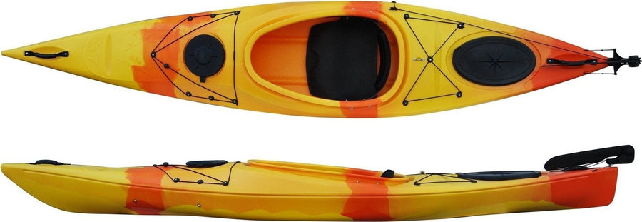 Top and side view of the 350 touring manufactured by Cambridge kayaks in Orange and Yellow