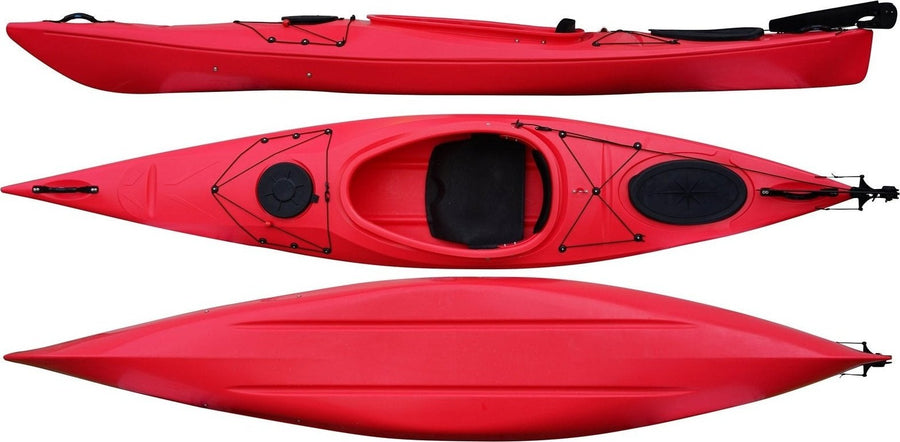 Top, side and underside view of the 350 touring manufactured by Cambridge kayaks in Red