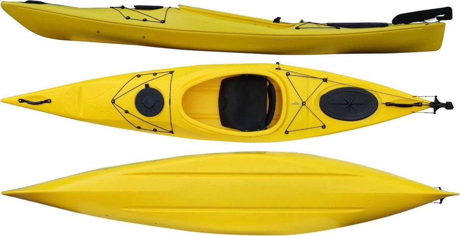 Top, side and underside view of the 350 touring manufactured by Cambridge kayaks in Yellow