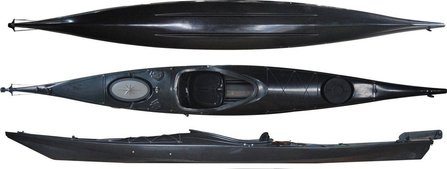 Top, side and underside view of the 450 touring manufactured by Cambridge kayaks in Black