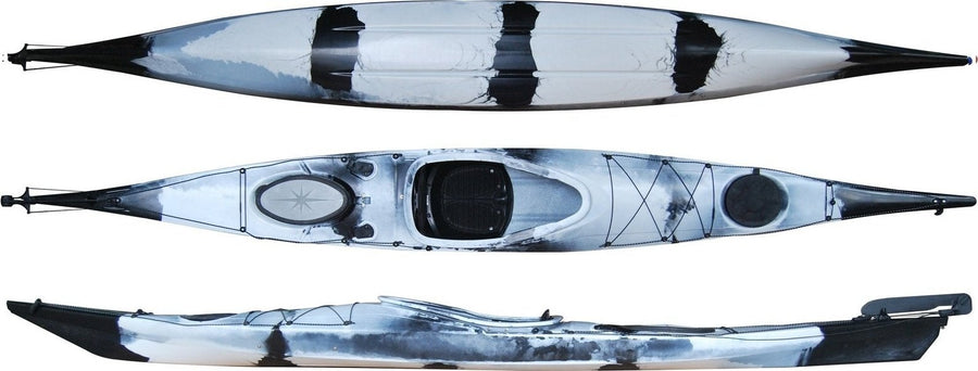 Top, side and underside view of the 450 touring manufactured by Cambridge kayaks in Black White Camo